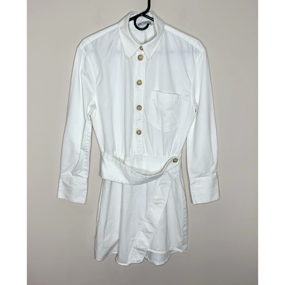 Zara Mini Shirt Dress Womens Small White Utility Cotton Denim Long Sleeve